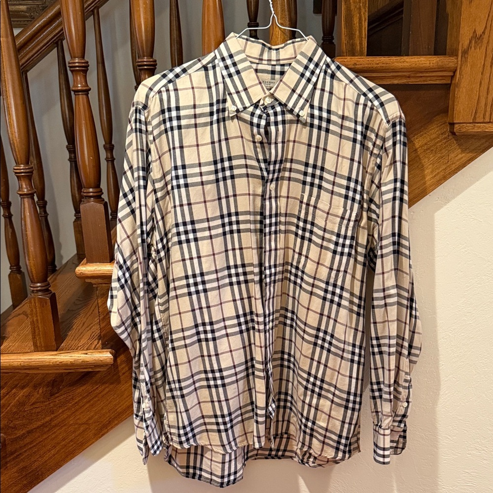 Burberry Beige and Black Plaid Casual Button Down Shirt